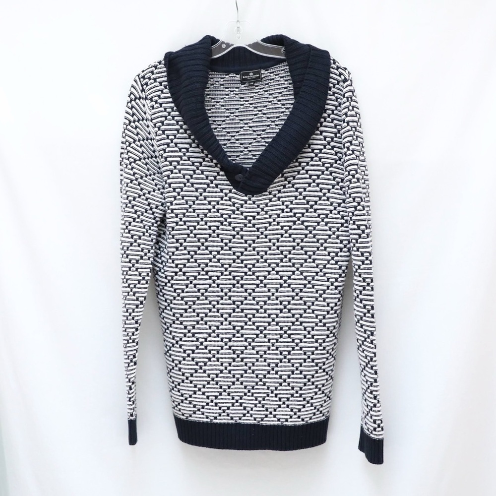 British Invasion men' sweater v-neck geometric print L large cotton navy blue